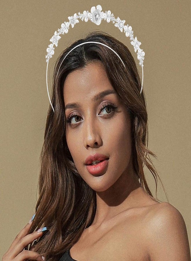 Fstrend Flower Crown Headband Silver Pearl Bride Wedding Tiaras Rhinestone Layered Headpiece Floral Bridal Princess Angel Prom Headwear for Women - Image 3